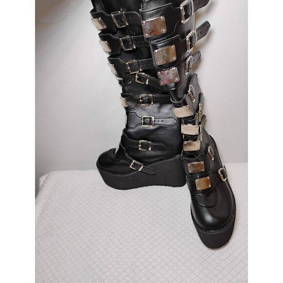 Shoes - Goth Buckle Platform Knee High Boots Metal Punk Rock Band Platform Wedge Sz 7